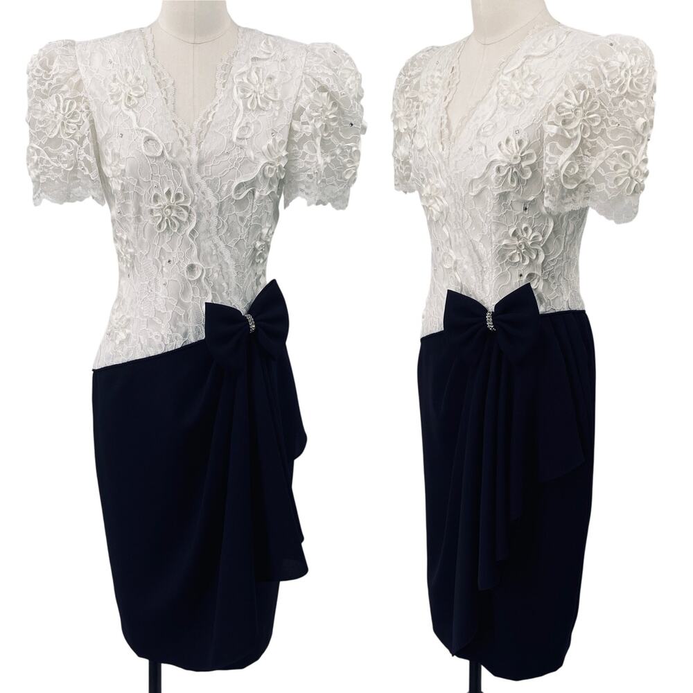 Vintage 80s Lace Bodice Cocktail Dress Embellished Bow Puff Sleeve White Navy 6